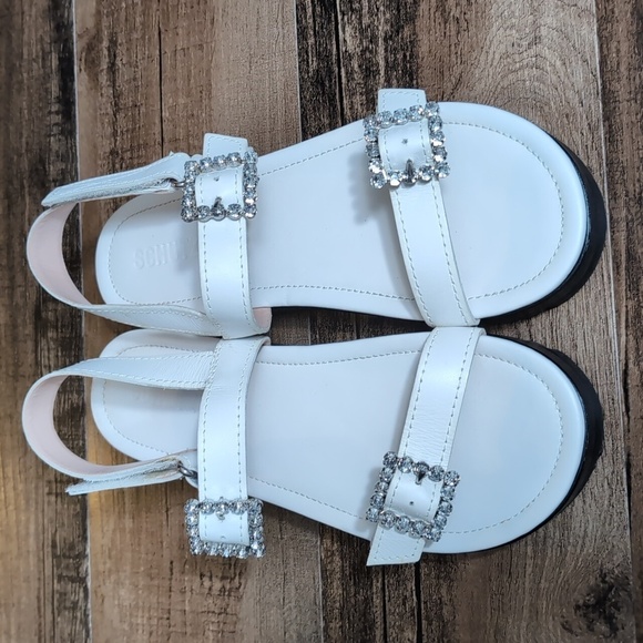 Schutz Ruth Embellished Leather Flatform Slingback Sandals Size 8.0 In White 1.5 - Picture 2 of 12